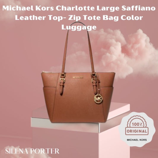 Ready Stock Michael Kors Charlotte Large Saffiano Leather Top Zip Tote Bag in Luggage Original