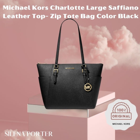 Ready Stock Michael Kors Charlotte Large Saffiano Leather Top Zip Tote Bag in Black Original