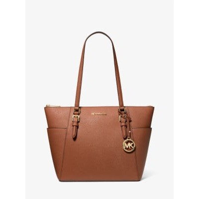 Ready Stock Michael Kors Charlotte Large Saffiano Leather Top Zip Tote Bag in Luggage Original